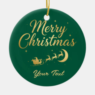 Personalized Green & Gold Merry Christmas Ceramic Ornament