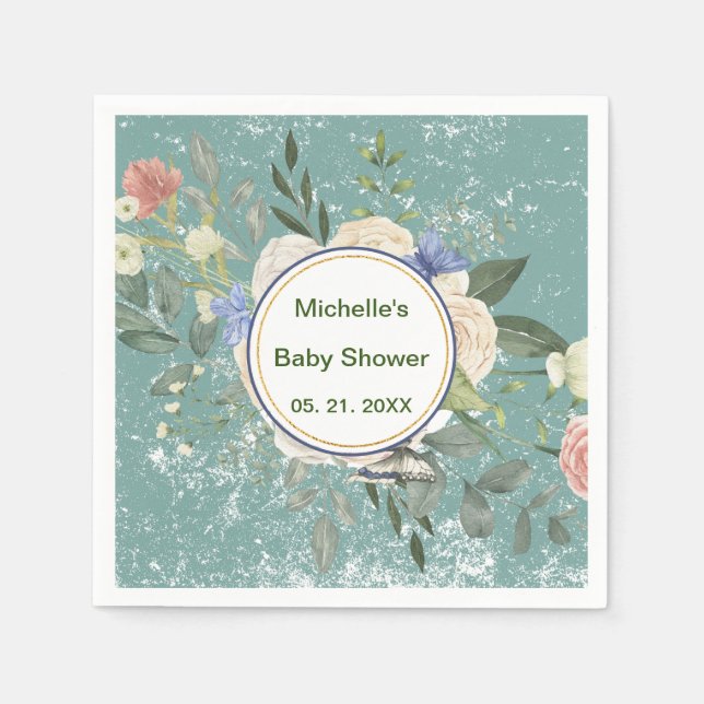 Personalized Green Grey White Florals Napkin (Front)