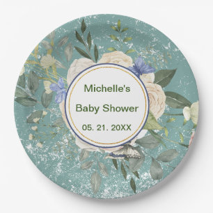 Personalized Green Grey White Florals Paper Plate