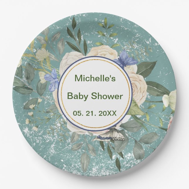 Personalized Green Grey White Florals Paper Plate (Front)