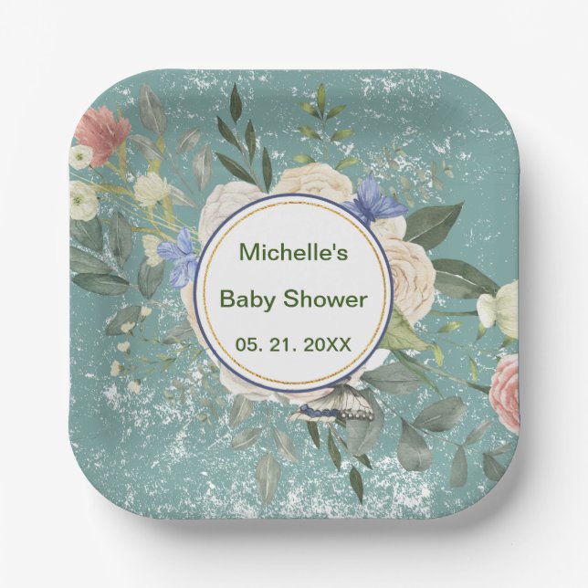 Personalized Green Grey White Florals Square Paper Plate (Front)