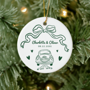 Personalized Green Hand Drawn Whimsical Wedding Ceramic Ornament