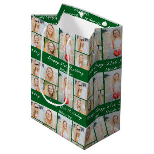 Personalized Green Happy Birthday Photo Collage Medium Gift Bag