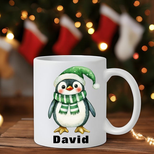 Personalized Green Hat Penguin Custom Name Mug (Personalized Green Hat Penguin Custom Name Mug)