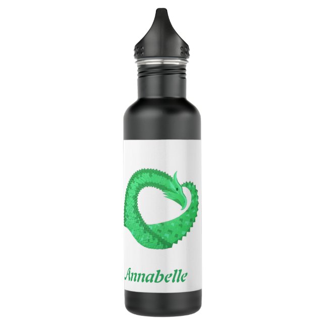 Personalized green heart dragon on white 710 ml water bottle (Left)