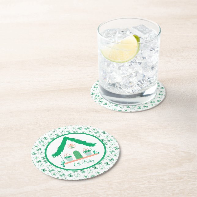 Personalized Green House Oh Baby Shower Round Paper Coaster (Insitu)