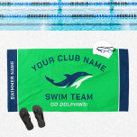 Personalized Green Navy Swim Team Swimmer Name Beach Towel<br><div class="desc">Personalized swim team pool towel design for swimmers features custom text for the swimmer's first and last name, swim team club name, and mascot or other text. Add your team logo to the dolphin placeholder image. The colour scheme of bright green, navy blue and white can be modified to coordinate...</div>