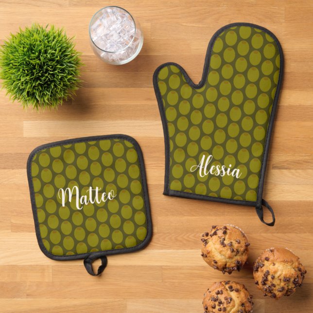 Personalized green olive kitchen oven mitt & pot holder set (Top Down)