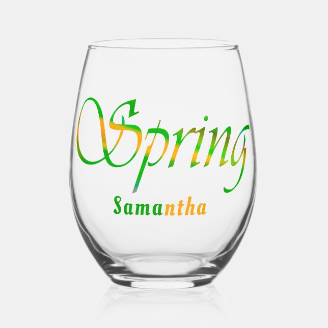 Personalized Green Orange Colourful Abstract Sprin Stemless Wine Glass (Front)