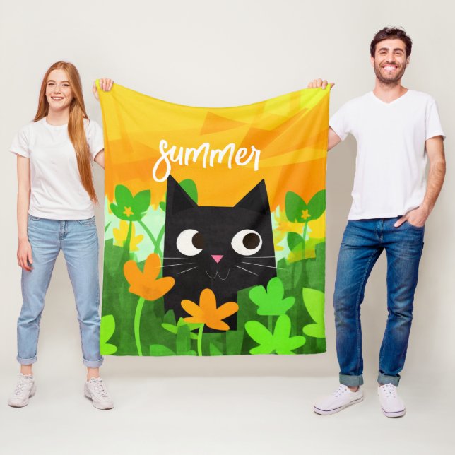 Personalized Green Orange Floral Black Cat Fleece Blanket (In Situ)