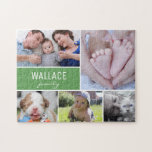 Personalized Green Photo Collage Family Jigsaw Puzzle<br><div class="desc">Customize this puzzle with their family photos as a fun gift. Change all the photos and family name. Green block. Personalize this puzzle with 5 photos of your family, consider also including pets, baby, grandparents, aunts, and uncles etc. for a fun gift for family reunions, holiday gatherings, wedding favours and...</div>