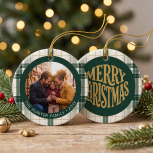 Personalized Green Plaid Family Photo Ceramic Ornament