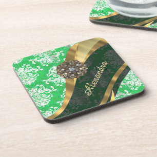 Personalized green pretty girly damask pattern coaster