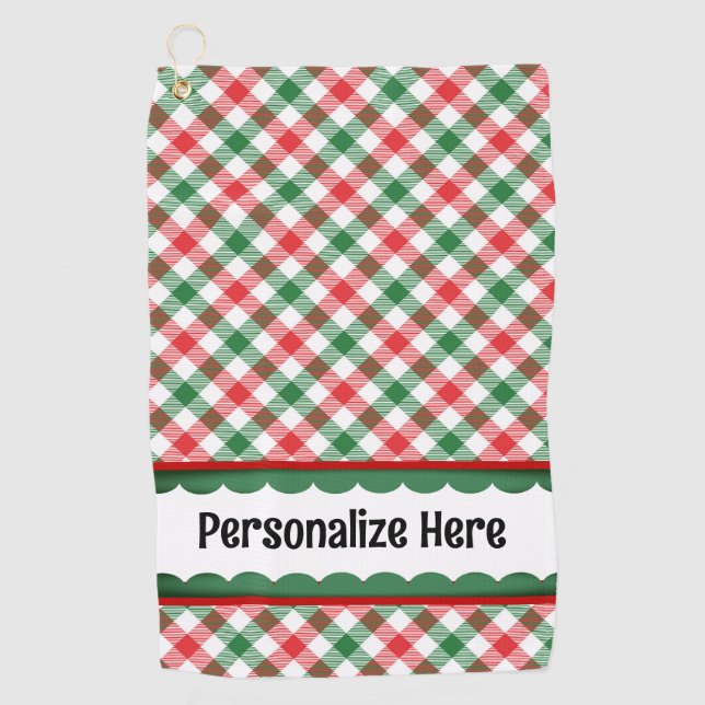 Personalized Green Red White Plaid Check  Golf Towel (Front)