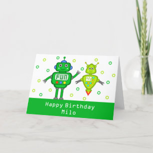 Personalized Green Robots Happy Birthday Card