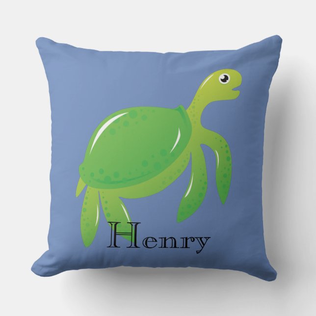 Personalized Green Sea Turtle in Blue Sea Pillow (Front)