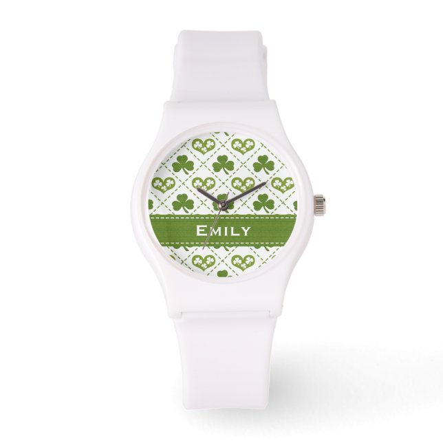 Personalized Green Shamrock and Hearts Watch (Front)