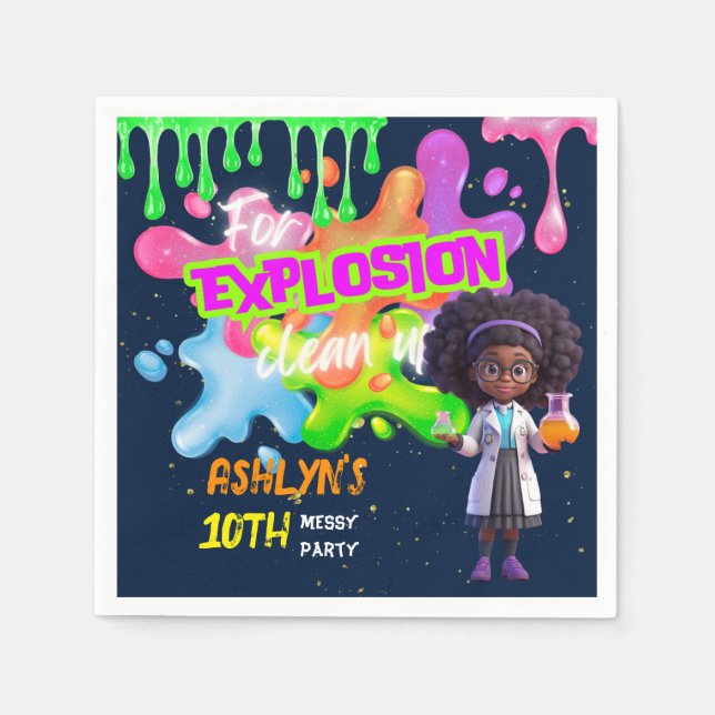 Personalized Green Slime Curly Hair Girl Scientist Napkin (Front)