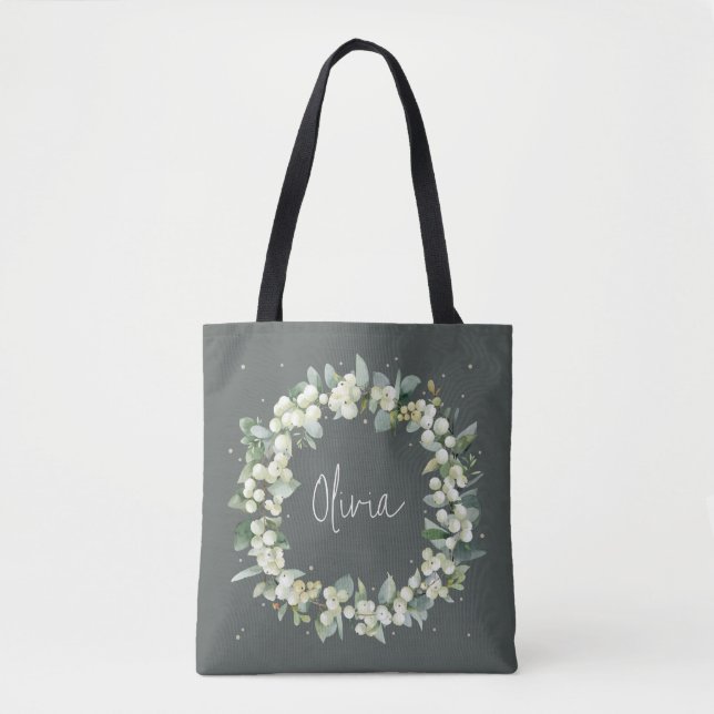 Personalized Green Snowberry+Eucalyptus Wedding Tote Bag (Front)