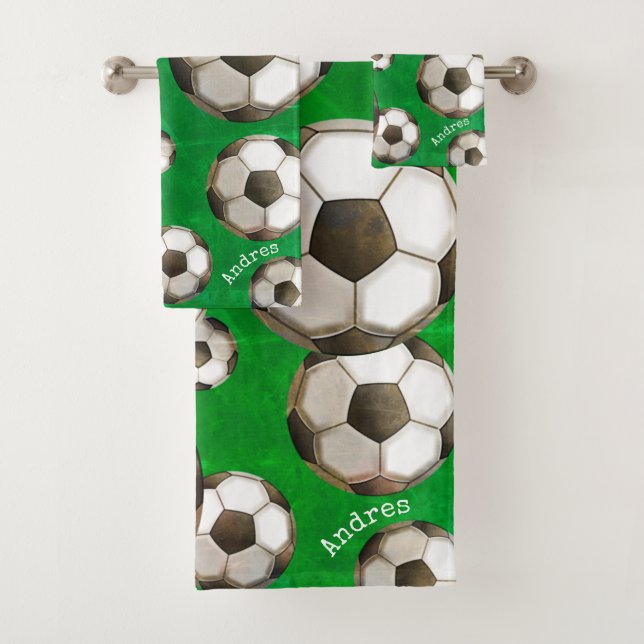 Personalized Green Soccer Field | Soccer Balls Bath Towel Set (Insitu)