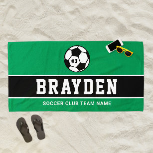 Personalized Green Soccer Player Name Beach Towel