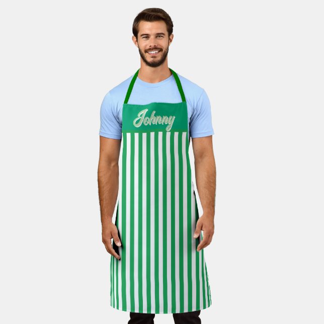 Personalized Green Striped  Apron (Worn)