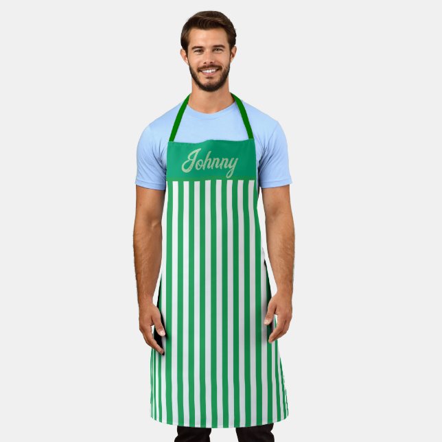 Personalized Green Striped  Apron (Worn)