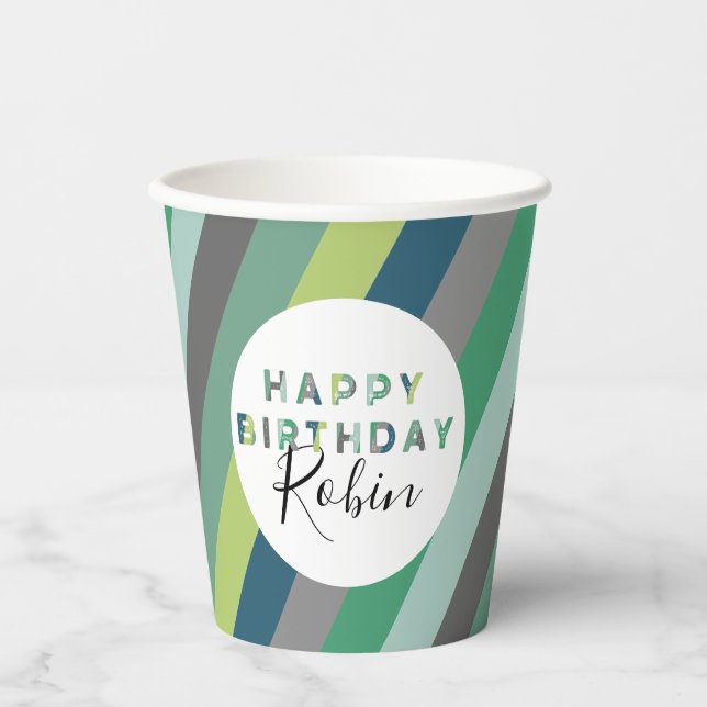 Personalized Green Striped Letters Birthday Party Paper Cups (Front)