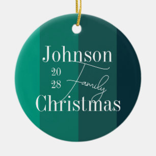 Personalized Green Stripes Family Name Christmas Ceramic Ornament