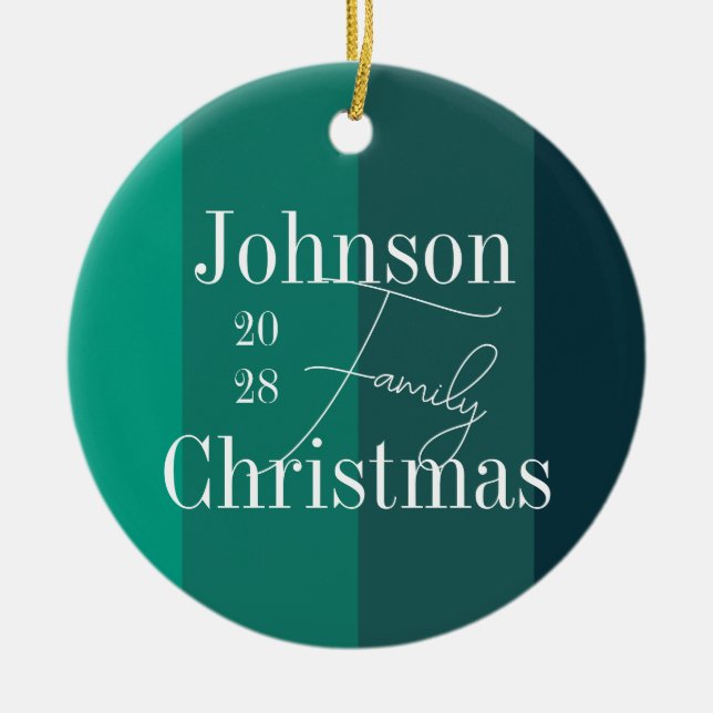 Personalized Green Stripes Family Name Christmas Ceramic Ornament (Front)