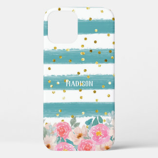 Personalized Green Stripes Floral Sparkles iPhone 12 Case