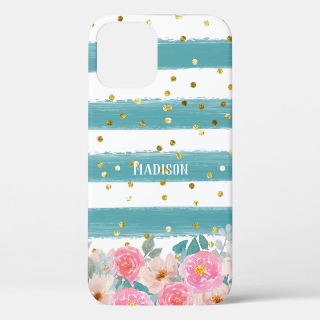  Personalized Green Stripes Floral Sparkles Case-Mate iPhone Case (Back)