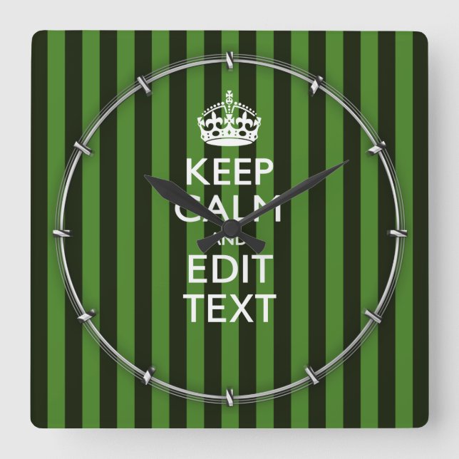 Personalized Green Stripes Keep Calm Your Text Square Wall Clock (Front)