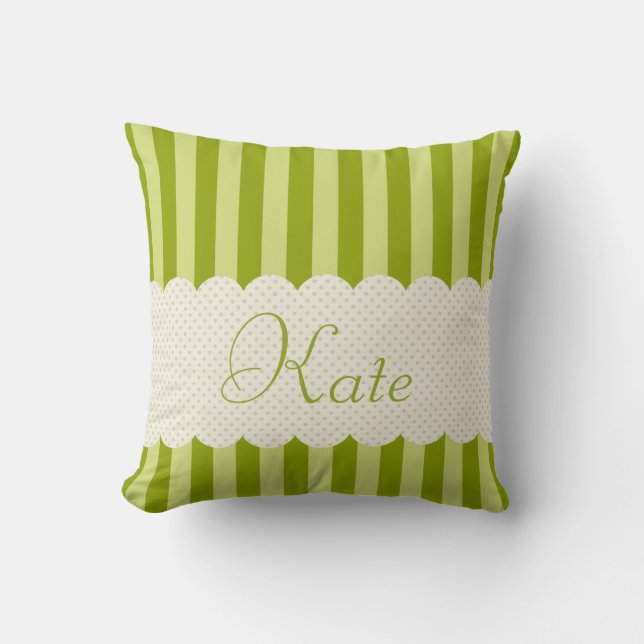 Personalized Green Stripes Polka Dots Design Throw Pillow (Front)