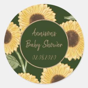 Personalized Green Sunflower Pattern Baby Shower  Classic Round Sticker