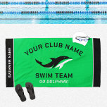 Personalized Green Swim Team Swimmer Name Beach Towel<br><div class="desc">Personalized swim team pool towel design for swimmers features custom text for the swimmer's first and last name, swim team club name, and mascot or other text. Add your team logo to the dolphin placeholder image. The colour scheme of bright green, black and white can be modified to coordinate with...</div>