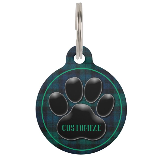 Personalized Green Tartan Black Paw Print Pet Tag (Front)