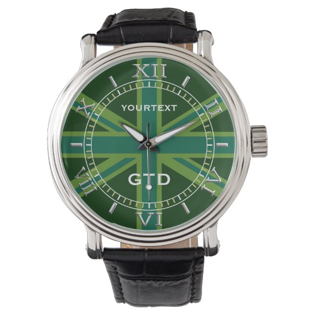 Personalized Green Teal Union Jack Flag Style Dial Watch (Front)