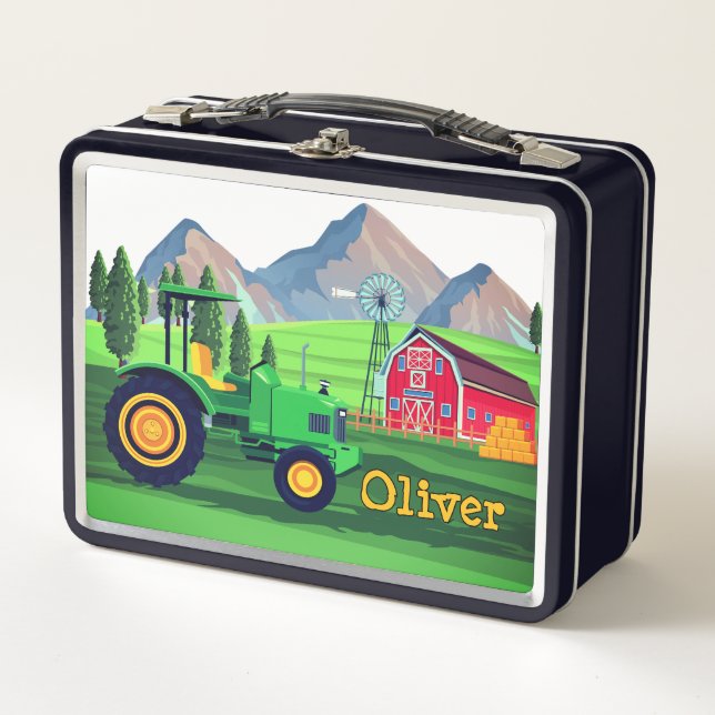 Personalized Green Tractor Barnyard Farm Metal Lunch Box (Front)