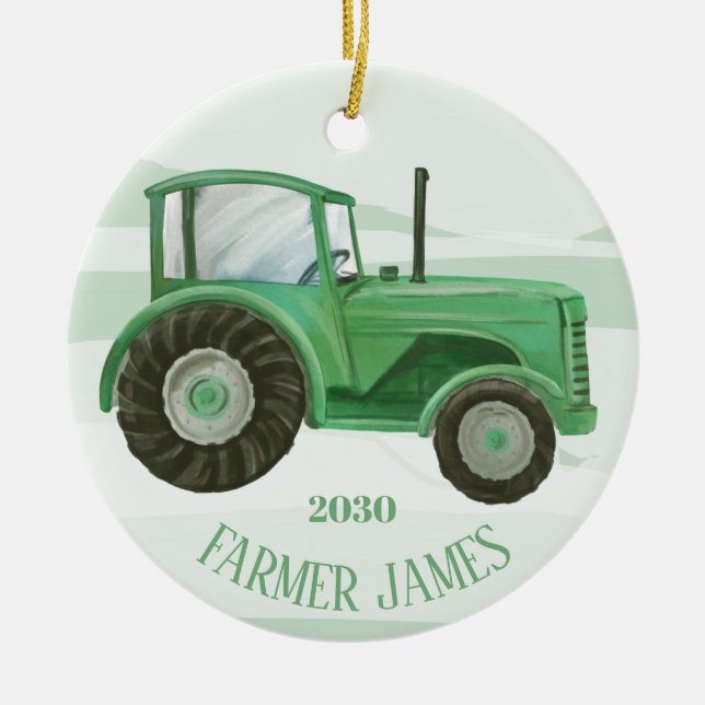 Personalized Green Tractor Christmas Ornament (Front)