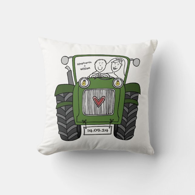 Personalized Green Tractor Country Farm Wedding Throw Pillow (Front)