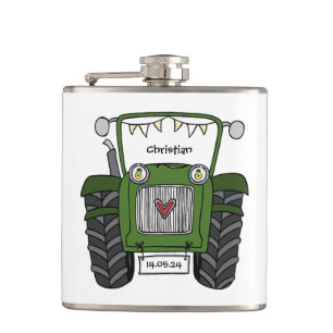 Personalized Green Tractor Country Wedding Gift Hip Flask