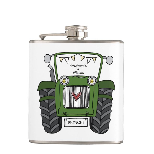 Personalized Green Tractor Country Wedding Gift Hip Flask (Front)