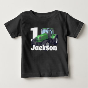 Personalized Green Tractor First Birthday Baby T-Shirt