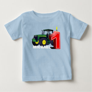 Personalized Green Tractor First Birthday Baby T-Shirt