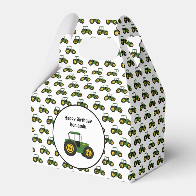Personalized Green Tractors Birthday Favor Box (Front Side)