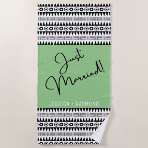 Personalized Green Tribal Pattern Just Married Beach Towel