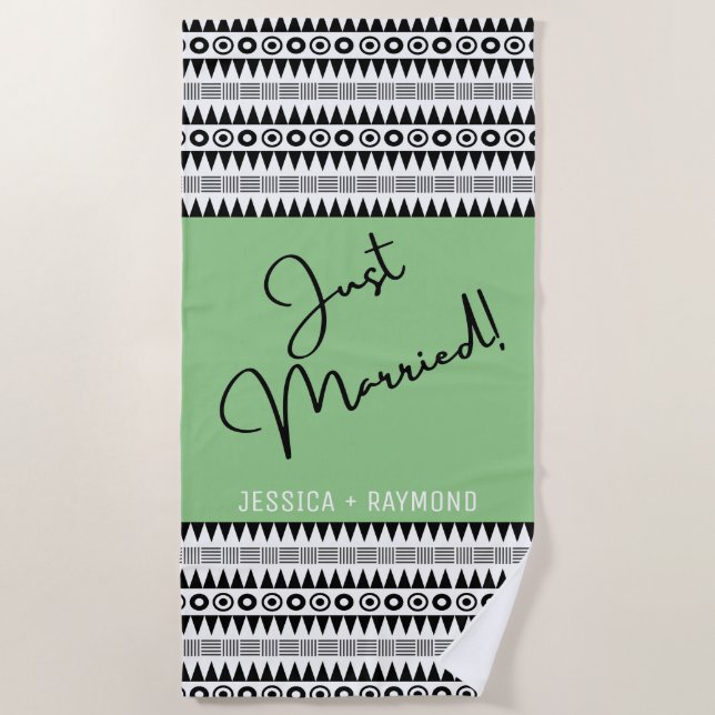 Personalized Green Tribal Pattern Just Married Beach Towel (Front)