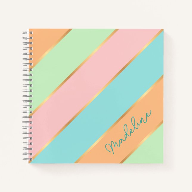 Personalized Green Turquoise Blue Pink Stripe Notebook (Front)