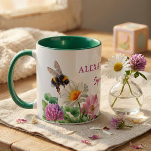 Personalized Green Watercolor Bee Spring Vibes Mug